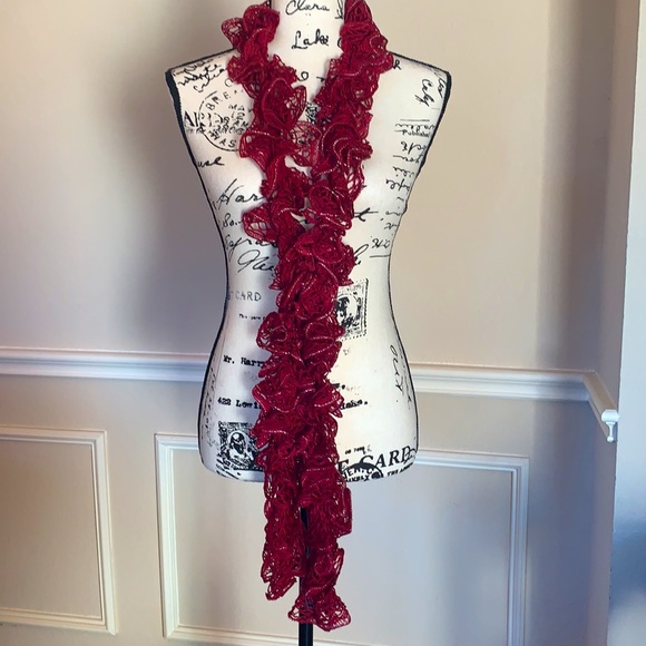 ♥️ Crochet Lace Scarf Maroon/Red w Silver Shimmer - Picture 3 of 7